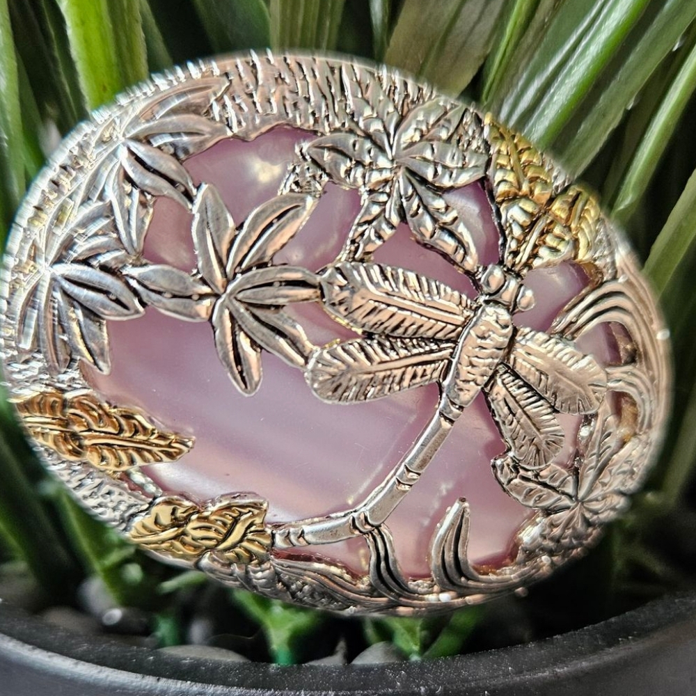 Vintage 80s Scarf Brooch Necklace Slide Silver Tone Pink Quart zGold Accents
